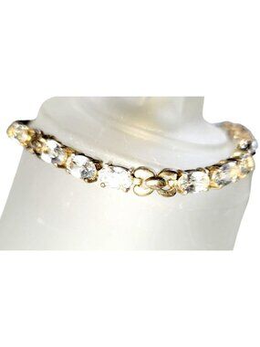 Vintage Oval CZ Diamonds Gold Over Sterling Silver Tennis Bracelet 8" Gold Tone